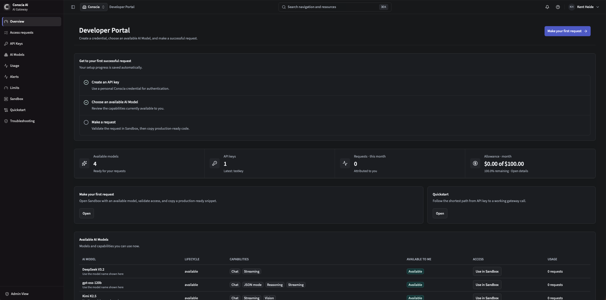 AI Gateway Developer Portal showing setup progress, available models, usage, and quickstart actions